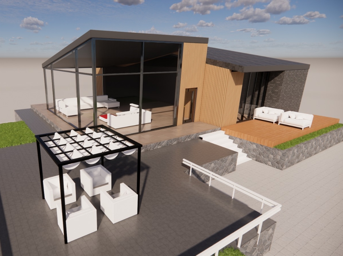 Modern pavilion home with glass walls
